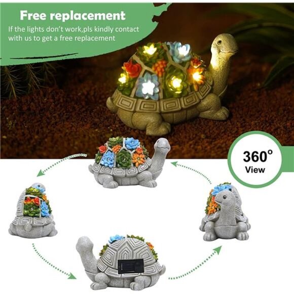 Solar Garden Statue Turtle Figurine with Succulent and 7 LED Lights - Lawn Decor - Picture 1 of 6
